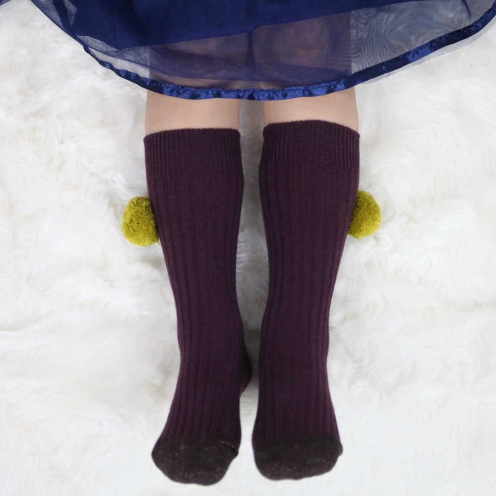 Girls Ribbed Mustard Pom Pom Knee Socks Purple